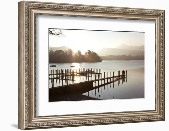 Young Couple on Pier, Sunset, Derwent Water, Cumbria, UK-Peter Adams-Framed Photographic Print