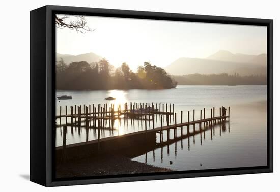 Young Couple on Pier, Sunset, Derwent Water, Cumbria, UK-Peter Adams-Framed Premier Image Canvas