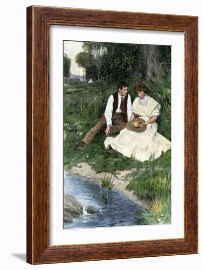 Young Couple Seated by a Brook, Early 1900s-null-Framed Giclee Print