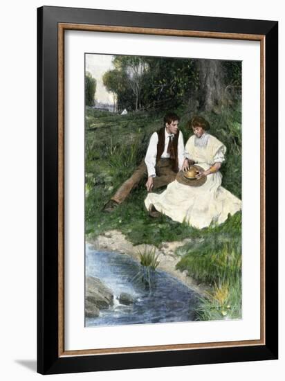 Young Couple Seated by a Brook, Early 1900s-null-Framed Giclee Print