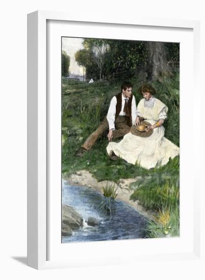 Young Couple Seated by a Brook, Early 1900s-null-Framed Giclee Print