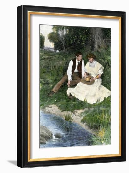 Young Couple Seated by a Brook, Early 1900s-null-Framed Giclee Print