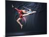 Young Cute Woman In Gymnast Suit Show Athletic Skill On Black Background-Sergey Nivens-Mounted Premium Giclee Print