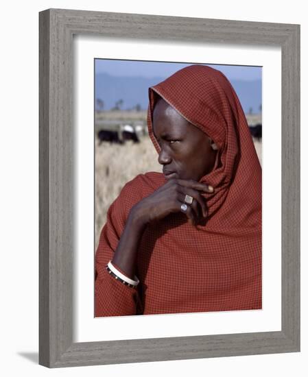 Young Datoga Man Tends His Family's Livestock on Plains East of Lake Manyara in Northern Tanzania-Nigel Pavitt-Framed Photographic Print