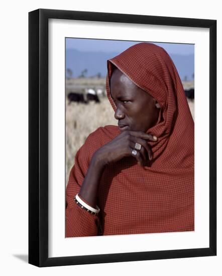 Young Datoga Man Tends His Family's Livestock on Plains East of Lake Manyara in Northern Tanzania-Nigel Pavitt-Framed Photographic Print