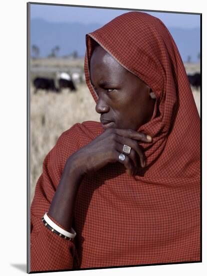 Young Datoga Man Tends His Family's Livestock on Plains East of Lake Manyara in Northern Tanzania-Nigel Pavitt-Mounted Photographic Print