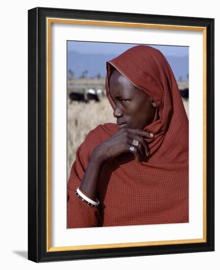 Young Datoga Man Tends His Family's Livestock on Plains East of Lake Manyara in Northern Tanzania-Nigel Pavitt-Framed Photographic Print