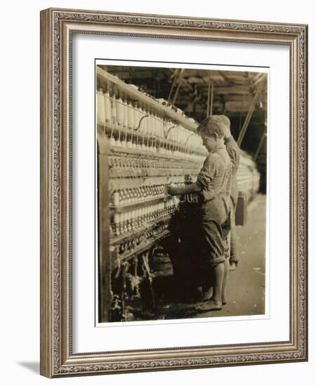 Young Doffers Replacing Full Bobbins at North Pownal, Vermont, 1910-Lewis Wickes Hine-Framed Photographic Print