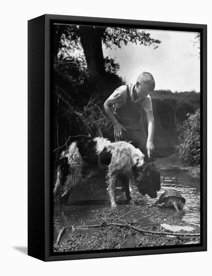Young Farm Boy Watching His Dog Sniff a Large Turtle at the Pond-Myron Davis-Framed Premier Image Canvas