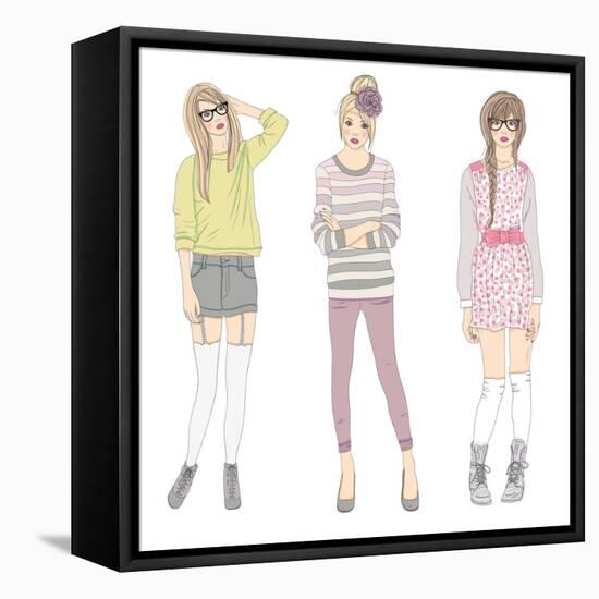 Young Fashion Girls Illustration. Teen Females-cherry blossom girl-Framed Stretched Canvas