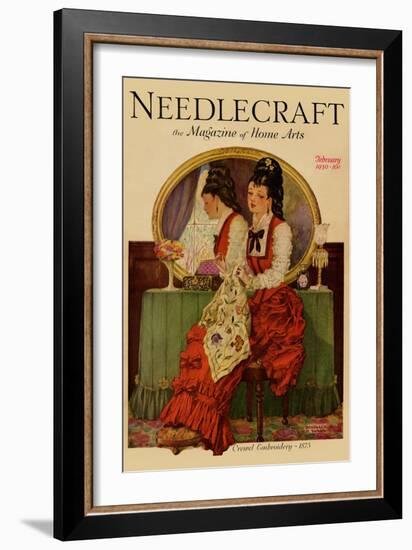 Young Gilr Embroiders a Patterned Fabric-Needlecraft Magazine-Framed Art Print