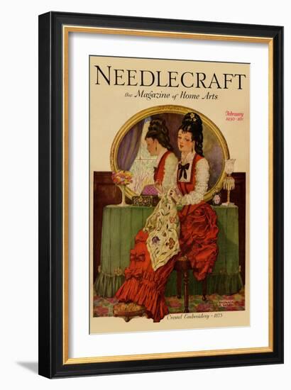 Young Gilr Embroiders a Patterned Fabric-Needlecraft Magazine-Framed Art Print