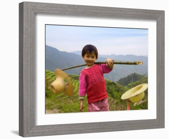 Young Girl Carrying Shoulder Pole with Straw Hats, China-Keren Su-Framed Photographic Print