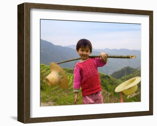 Young Girl Carrying Shoulder Pole with Straw Hats, China-Keren Su-Framed Photographic Print