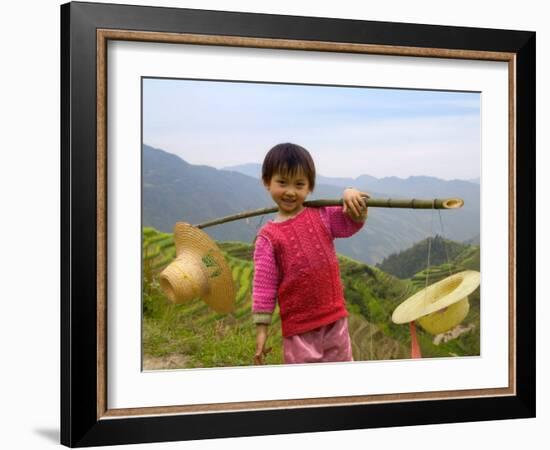 Young Girl Carrying Shoulder Pole with Straw Hats, China-Keren Su-Framed Photographic Print