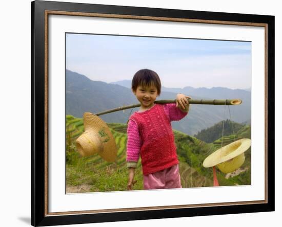 Young Girl Carrying Shoulder Pole with Straw Hats, China-Keren Su-Framed Photographic Print