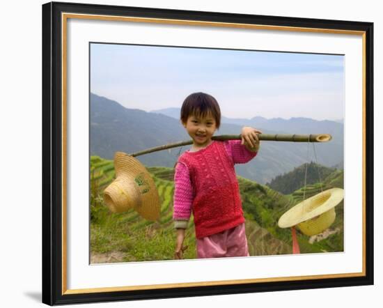 Young Girl Carrying Shoulder Pole with Straw Hats, China-Keren Su-Framed Photographic Print