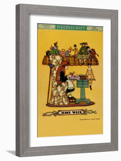 Young Girl Cuts Patterns For a Collection of Dolls-null-Framed Art Print