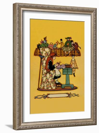 Young Girl Cuts Patterns For a Collection of Dolls-null-Framed Art Print