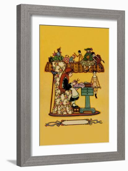 Young Girl Cuts Patterns For a Collection of Dolls-null-Framed Art Print