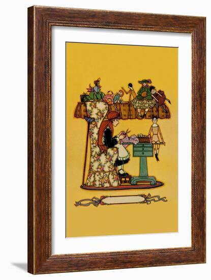 Young Girl Cuts Patterns For a Collection of Dolls-null-Framed Art Print