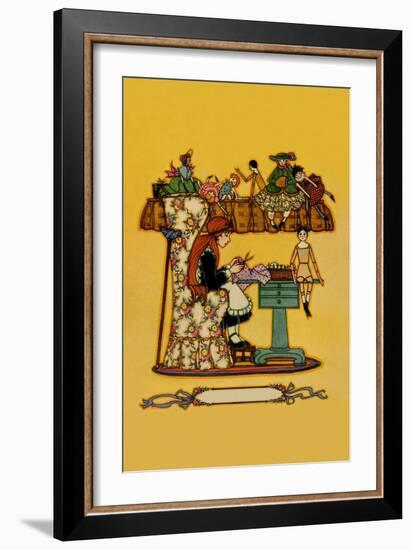 Young Girl Cuts Patterns For a Collection of Dolls-null-Framed Art Print