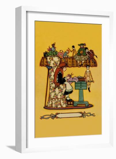 Young Girl Cuts Patterns For a Collection of Dolls-null-Framed Art Print