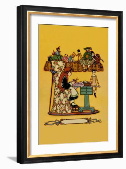 Young Girl Cuts Patterns For a Collection of Dolls-null-Framed Art Print