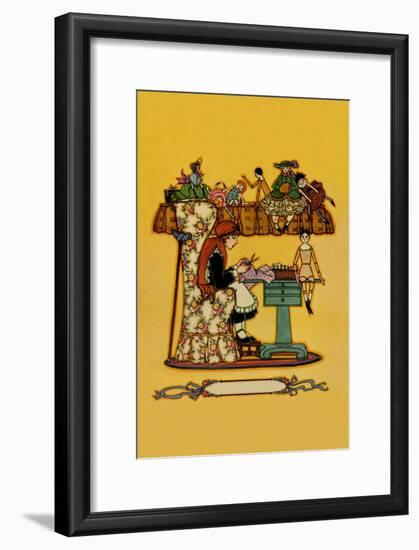 Young Girl Cuts Patterns For a Collection of Dolls-null-Framed Art Print