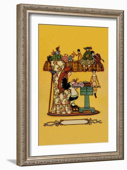 Young Girl Cuts Patterns For a Collection of Dolls-null-Framed Art Print