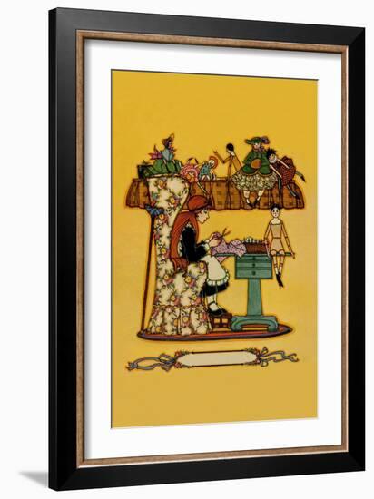 Young Girl Cuts Patterns For a Collection of Dolls-null-Framed Art Print