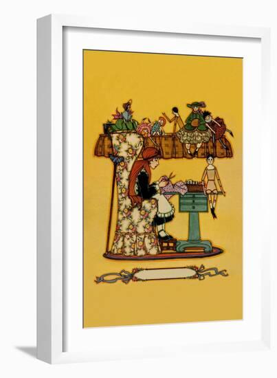 Young Girl Cuts Patterns For a Collection of Dolls-null-Framed Art Print