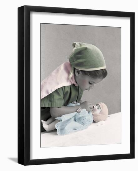 Young Girl Dressed as Nurse Tending to a Baby Doll.Get Well-Nora Hernandez-Framed Giclee Print