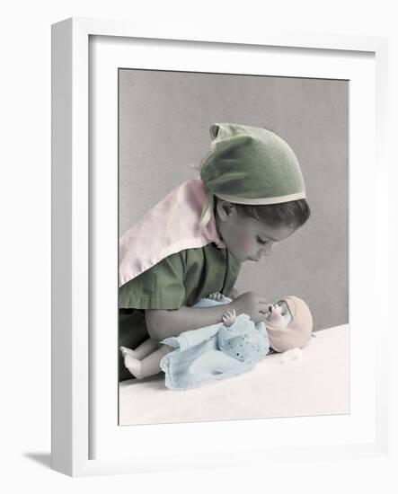 Young Girl Dressed as Nurse Tending to a Baby Doll.Get Well-Nora Hernandez-Framed Giclee Print