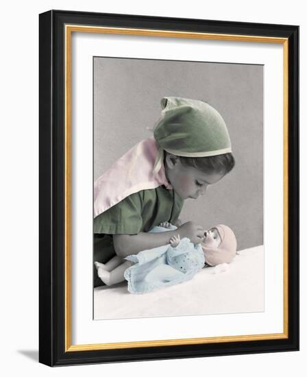 Young Girl Dressed as Nurse Tending to a Baby Doll.Get Well-Nora Hernandez-Framed Giclee Print