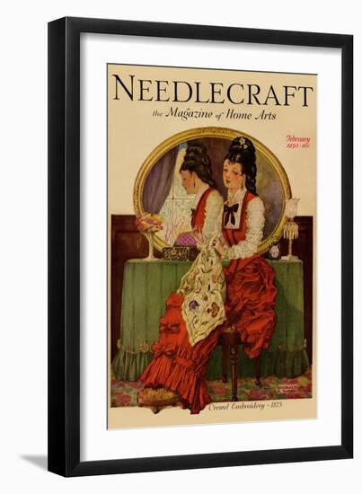 Young Girl Embroiders a Patterned Fabric-null-Framed Art Print