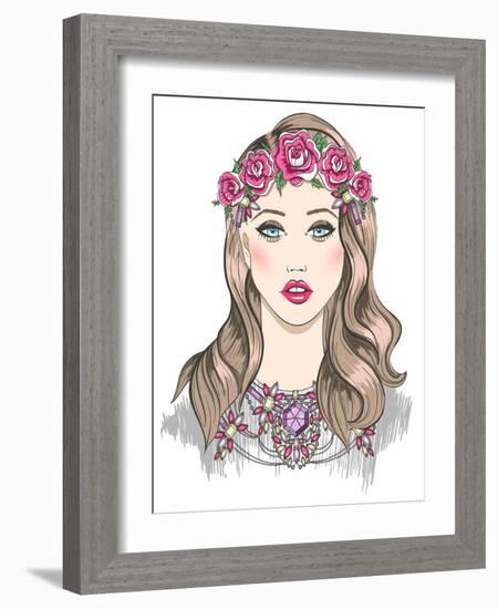Young Girl Fashion Illustration. Girl with Flowers in Her Hair and Statement Necklace-cherry blossom girl-Framed Art Print