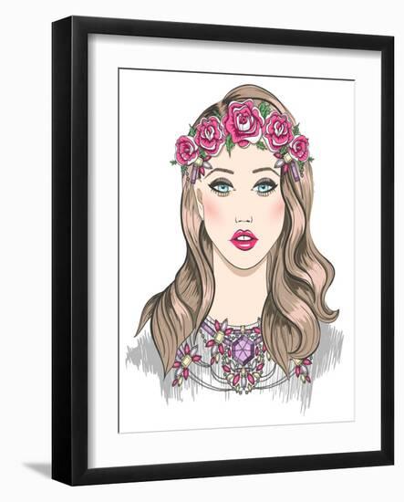 Young Girl Fashion Illustration. Girl with Flowers in Her Hair and Statement Necklace-cherry blossom girl-Framed Art Print