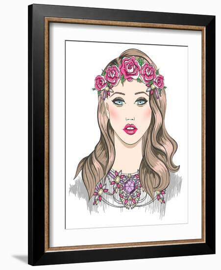 Young Girl Fashion Illustration. Girl with Flowers in Her Hair and Statement Necklace-cherry blossom girl-Framed Art Print