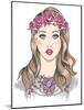 Young Girl Fashion Illustration. Girl with Flowers in Her Hair and Statement Necklace-cherry blossom girl-Mounted Art Print