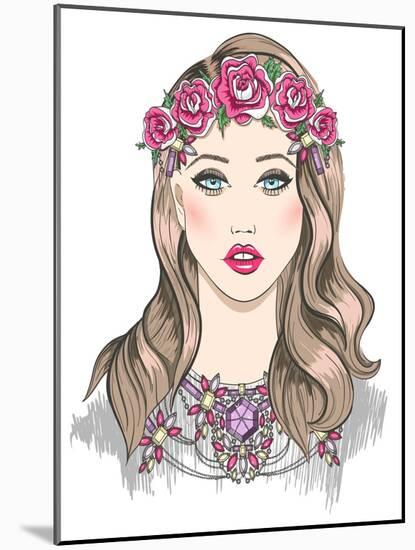 Young Girl Fashion Illustration. Girl with Flowers in Her Hair and Statement Necklace-cherry blossom girl-Mounted Art Print