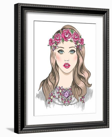 Young Girl Fashion Illustration. Girl with Flowers in Her Hair and Statement Necklace-cherry blossom girl-Framed Art Print