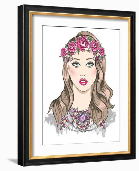 Young Girl Fashion Illustration. Girl with Flowers in Her Hair and Statement Necklace-cherry blossom girl-Framed Art Print