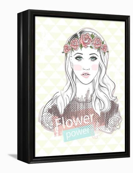 Young Girl Fashion Illustration. Pastel Fashion Trend. Girl with Flower Crown.-cherry blossom girl-Framed Stretched Canvas