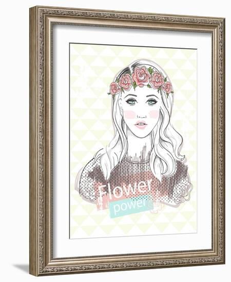 Young Girl Fashion Illustration. Pastel Fashion Trend. Girl with Flower Crown.-cherry blossom girl-Framed Art Print