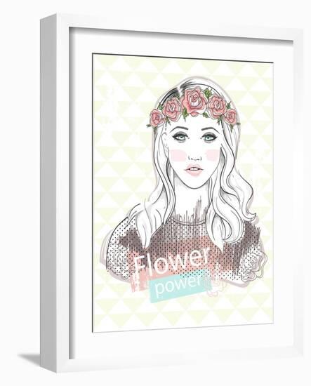 Young Girl Fashion Illustration. Pastel Fashion Trend. Girl with Flower Crown.-cherry blossom girl-Framed Art Print
