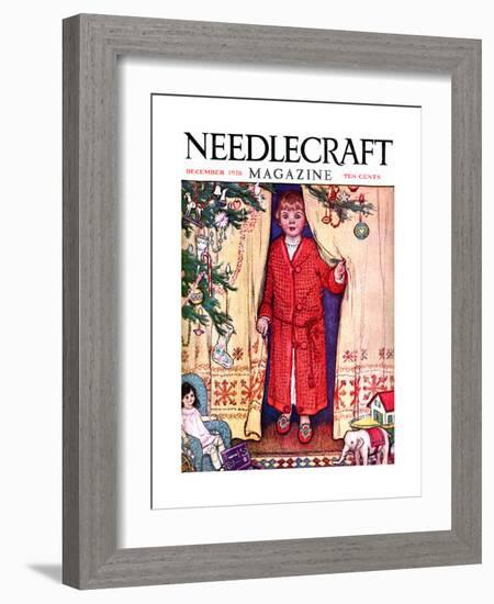 Young Girl From Behind A Curtain Stressing Needlecraft-Needlecraft Magazine-Framed Art Print