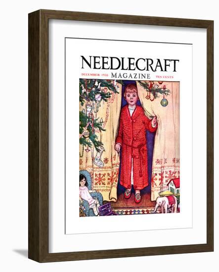 Young Girl From Behind A Curtain Stressing Needlecraft-Needlecraft Magazine-Framed Art Print