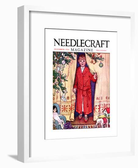 Young Girl From Behind A Curtain Stressing Needlecraft-Needlecraft Magazine-Framed Art Print