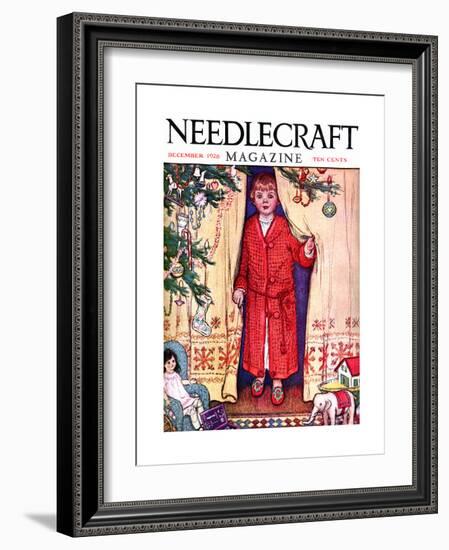 Young Girl From Behind A Curtain Stressing Needlecraft-Needlecraft Magazine-Framed Art Print